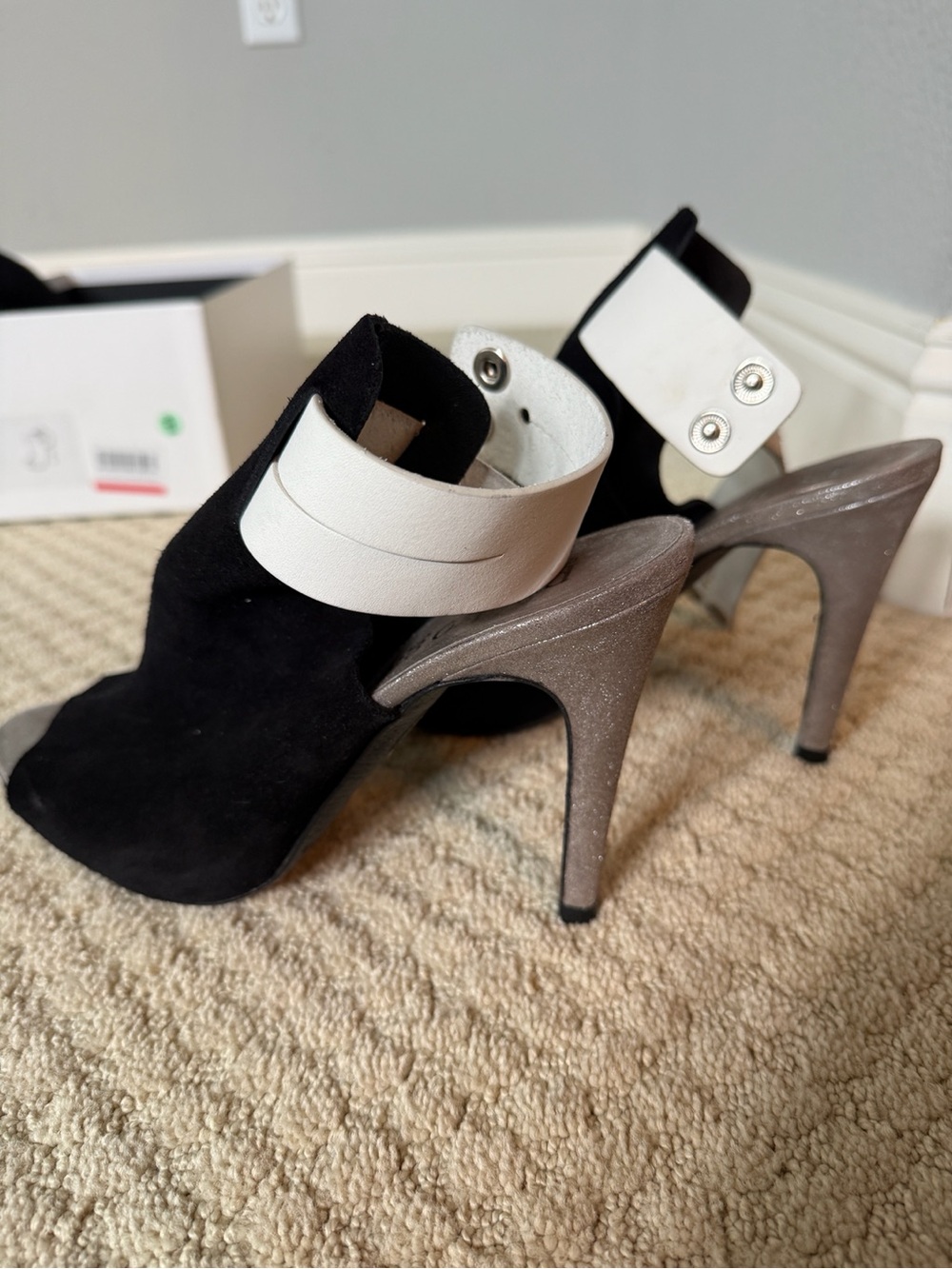 Pedro Garcia Black Suede Open-Toe Pumps with White Ankle Strap